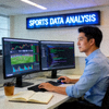 数据科学家王明在电脑前分析体育数据的工作场景