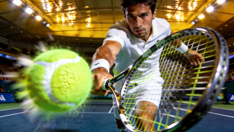 网球大师赛选手大力发球，球拍与网球接触的瞬间特写